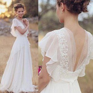 Elegant A-Line Flower Cap Sleeve V-Neck Chiffon Open Back Wedding Dress, Size 8